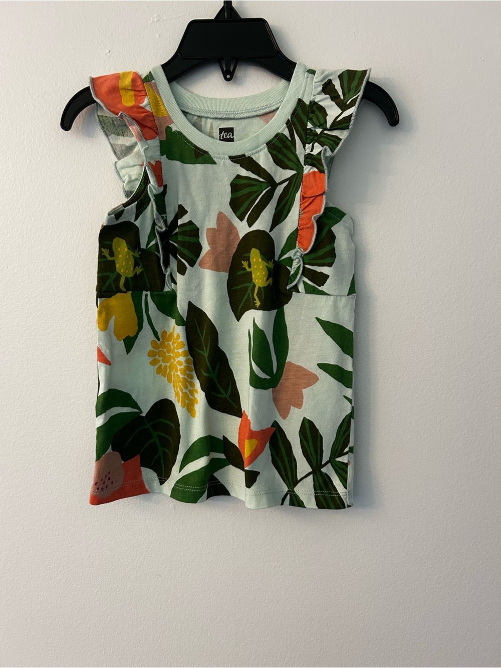 Tea Collection Tropical Leaf Ruffle Dress- Mint Green & Multi